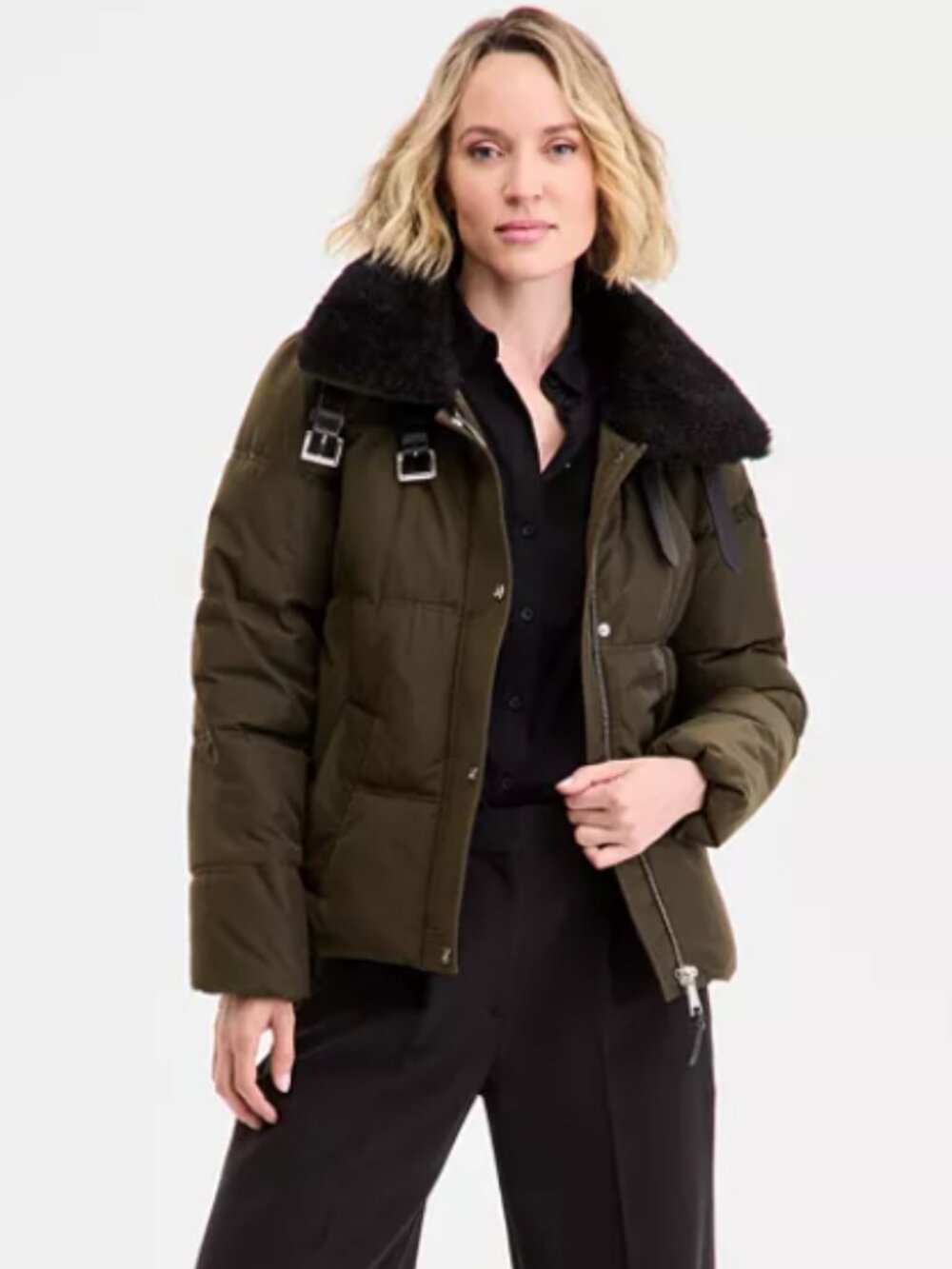 DKNY Faux Fur Water Resistant Jacket, Size Small, Dark Olive, (Loden) NWT